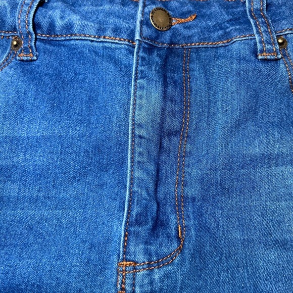 NY Trends 4 Denim Mini Skirt Womens Large Blue Distressed Frayed Hem Y2K Edgy - Picture 15 of 15